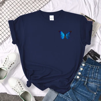 Vivid Blue Butterfly Tiskanje Ženska Majica Anime Fit T Srajce Hip Hop Udobna Oblačila Travering Crewneck Žensk Tshirts