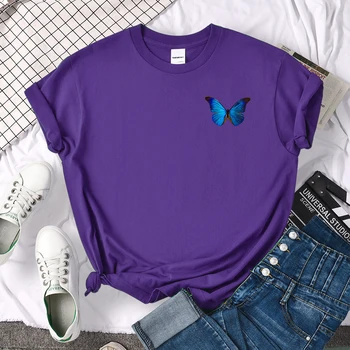 Vivid Blue Butterfly Tiskanje Ženska Majica Anime Fit T Srajce Hip Hop Udobna Oblačila Travering Crewneck Žensk Tshirts