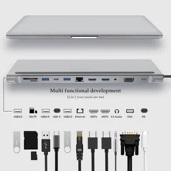 12 V 1 USB Tip C HUB Dvojno HDMI je združljiv Ethernet, USB 3.0, Audio Jack Multiport 4-port USB Adapter SREDIŠČE za MacBook