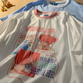 Bombaž super chic Anime Dekleta Tiskane Bombažne Majice s kratkimi rokavi Ženske Kawaii Oblačila za Najstnike Dekleta 2021 Poletje Harajuku Graphic Tee