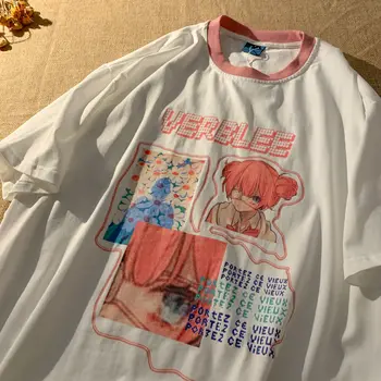 Bombaž super chic Anime Dekleta Tiskane Bombažne Majice s kratkimi rokavi Ženske Kawaii Oblačila za Najstnike Dekleta 2021 Poletje Harajuku Graphic Tee