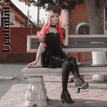 Ucuhulnl Vintage Obleko Goth Estetske Luna Povodcem Črne Obleke Gothic Seksi Čipke Visoko Pasu Mini Obleka Y2K Božič