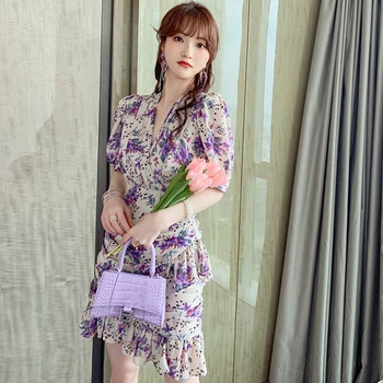 Moda Poletje Korejski Priložnostne Letnik Puff Rokav Mini Stranka Obleko Dame Elegantno Cvjetnim Tiskanja Ruffle Plaža Počitnice Kratka Obleka