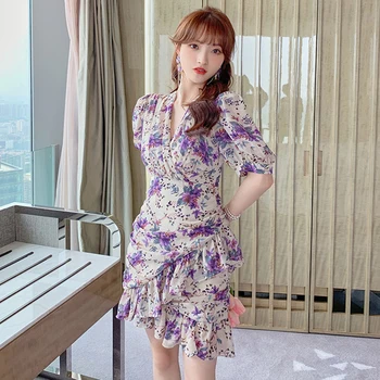 Moda Poletje Korejski Priložnostne Letnik Puff Rokav Mini Stranka Obleko Dame Elegantno Cvjetnim Tiskanja Ruffle Plaža Počitnice Kratka Obleka