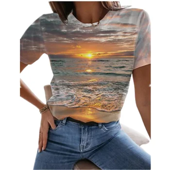 Ženske Poletne 2021 Priložnostne Tee Velikosti Nove Morske Krajine Tiskanje O-Vratu T-Shirt Svoboden Ženske Ulične Mode Ženski Zgornji Deli Oblačil