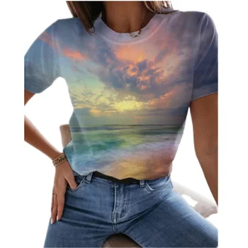 Ženske Poletne 2021 Priložnostne Tee Velikosti Nove Morske Krajine Tiskanje O-Vratu T-Shirt Svoboden Ženske Ulične Mode Ženski Zgornji Deli Oblačil