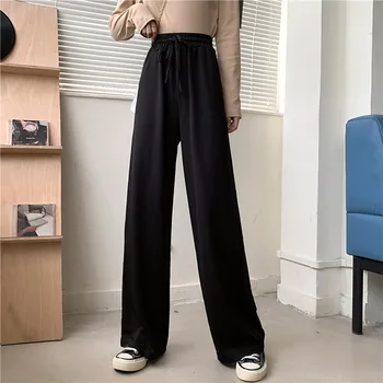 Novo širok noge hlače ženske casual velikost zbiranjem hlače ženske visoko-pas hujšanje svoboden zavesa naravnost hlače ženske