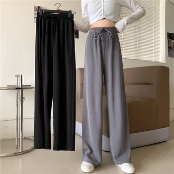 Novo širok noge hlače ženske casual velikost zbiranjem hlače ženske visoko-pas hujšanje svoboden zavesa naravnost hlače ženske