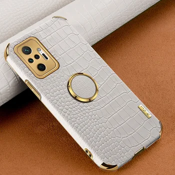 Luksuzni 6D Oklep Obroč Imetnik Primeru Telefon Za Xiaomi Redmi Opomba 10 Pro MAX Opomba 10s Zlato Vogalih Krokodil Tekstura Usnja Kritju