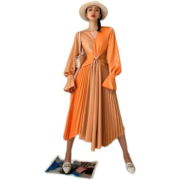 2021 Novo Barvno ujemanje naguban dolgo obleko pasu design Proti-Vrat Mid-Tele Sežgati lisice ženska Obleka
