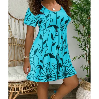 Ženske Obleka za Poletje Novo O-Vratu Kratek Rokav Svoboden Natisnjeni Stranka Obleko 2021 Moda za Ženske Priložnostne Počitnice na Plaži Plus Velikost Obleko