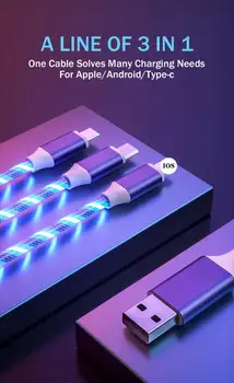 3 v 1, ki Teče Barve LED Svetila Polnilnik USB Kabel Micro USB Tip C Polnjenje Kabel razsvetljava Za iPhone in Android telefon Xiaomi Polnjenje