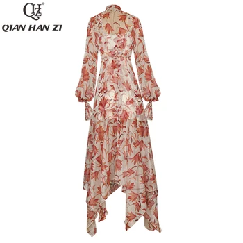 Qian Han Zi high-end prilagajanje poletje Asimetrični Maxi obleka Ženske luč rokavi Gumbi za tiskanje Šifon moda Dolgo obleko