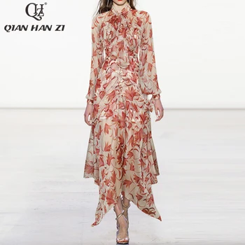 Qian Han Zi high-end prilagajanje poletje Asimetrični Maxi obleka Ženske luč rokavi Gumbi za tiskanje Šifon moda Dolgo obleko