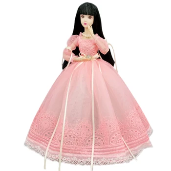 Ročno Roza Princesa Obleko Za Barbie Lutka Obleko Obleke 1/6 Lutke, Dodatki Za Puff Rokav Dolgo Bowknot Stranka Obleke Otroci Igrače