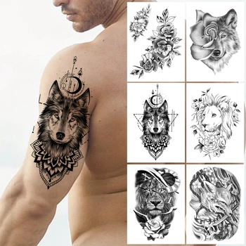 Henna Geometrijo Volk Začasne Tetovaže Za Moške, Ženske, Otroci, Fantje Fox Cvet Lev Tattoo Nalepke DIY Black Peony Ponaredek Tatoos Podlaket