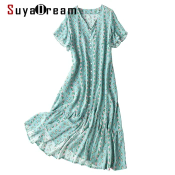 SuyaDream Ženska Cvetlični Obleko Svile Krep Natisnjena V vratu Ruffless Obleke 2021 Pomlad Poletje Majica Obleke