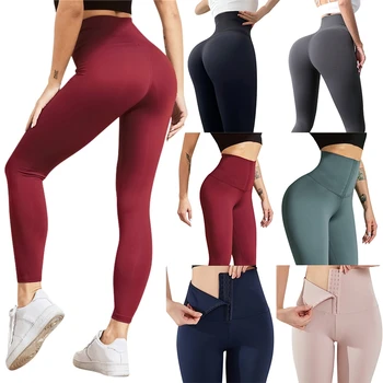 Ženske Visoko Pasu Dvojno Zapenjanje Fitnes Dokolenke Trebuha Oblikovanje Melona Plen Hip Dviganje Seksi Slim Legging Šport