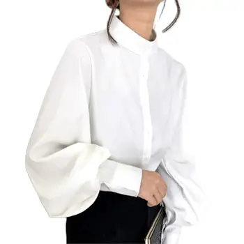 Jeseni Mode Gumb Bluzo Velika Luč Rokav Srajce Urad Za Delo Ženske Majice White Lady Stojalo Ovratnik Shirt Ženski Priložnostne