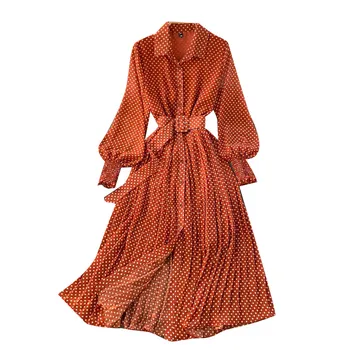 Pomlad Poletje Vintage Obleko Ženske 2021 Sundress Dolg Rokav Dame Polka Dot Šifon Naguban Obleke Jeseni Femme Haljo 190