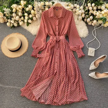Pomlad Poletje Vintage Obleko Ženske 2021 Sundress Dolg Rokav Dame Polka Dot Šifon Naguban Obleke Jeseni Femme Haljo 190