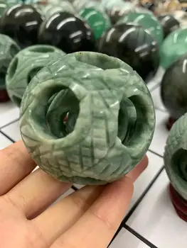 Naravni Green Jade Quartz Crystal Rezbarije Kamen, naravni crystalstone ročno izrezljane lepe čarobno žogo 3-layer izdolbla-out žogo