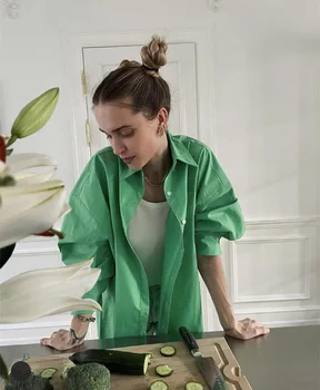 Oblikovalec, zelena majica ženske lnfluencer oversize bombaž Gumb, roza, vijolična dolg rokav svoboden bluzo 2021 padec novo kakovost