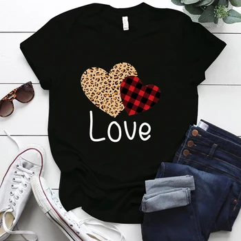 Valentinovo T Shirt Leopard Ljubezen Natisnjeni Kratek Rokav Svoboden Vratu Femme T-majice, Vrhovi Bombaž Letnik Wummer Cothes za Par