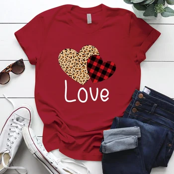 Valentinovo T Shirt Leopard Ljubezen Natisnjeni Kratek Rokav Svoboden Vratu Femme T-majice, Vrhovi Bombaž Letnik Wummer Cothes za Par
