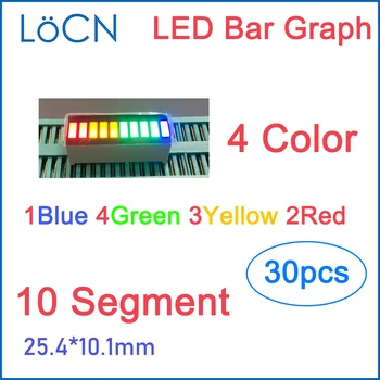 LED Zaslon Modul 10 segment Bar graph Prikaz svetlobe, 1 MODRA 4 ZELENI, 3 RUMENI 2 RDEČA Bargraph 4 barvni trak baterije 30pcs