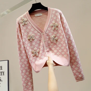 Elegantno beading diamanti cvetlični jopico ženske Proti-vrat beloprsi singl tiskanja pleteni pulover kratek modis roza črni vrhovi 2020