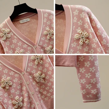 Elegantno beading diamanti cvetlični jopico ženske Proti-vrat beloprsi singl tiskanja pleteni pulover kratek modis roza črni vrhovi 2020