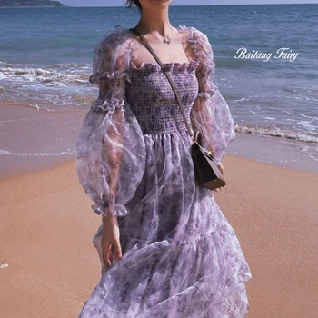 Taro vijolično zdrobljenih cvetov izlet obleko Poletje Bohemian obmorskem letovišču dolgo obleko plaža obleko elegantno Beach Slog
