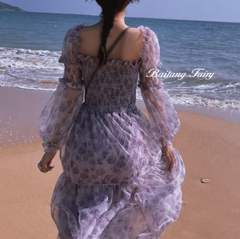 Taro vijolično zdrobljenih cvetov izlet obleko Poletje Bohemian obmorskem letovišču dolgo obleko plaža obleko elegantno Beach Slog