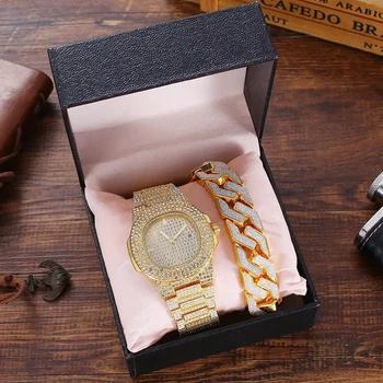 Luksuzni Moških Zlata, Srebrna Barva Watch Hip Hop Moški Gledajo & Zapestnica Gift Box Set Led Iz Kubanske Watch Hip Hop Za Moške Boyfirend