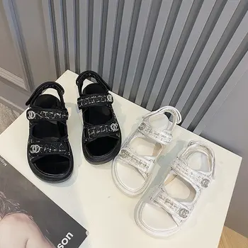 2021 Trendi Ženske Sandale Poletje Novo Stanovanje Britanski Veter Velcro Vezenje Debel-soled Priložnostne Roman Oblikovalec Čevljev Platformo Sandali