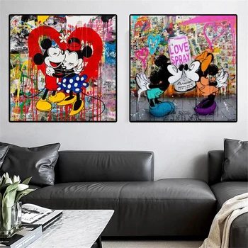 Disney Grafiti Umetnost Mickey in Minnie Platno Slikarstvo Ulica Ljubezensko življenje Umetnosti Plakat in Tisk Stenskih slikah, za dnevno Sobo