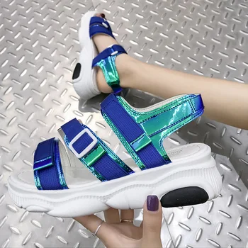 Modri Laser Sponke Klini Sandali za Ženske Debelo Dno Platformo Poletne Čevlje, Ženska 2021 Priložnostne Šport Sandalias Mujer
