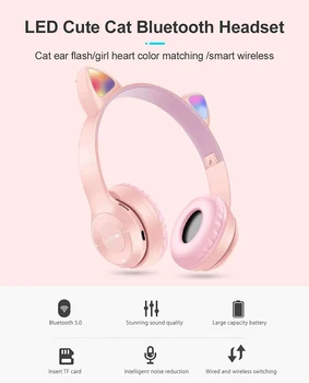 Najnovejši Mačje Uho šumov, Slušalke Bluetooth 5.0 Odrasli Otroci Slušalke Podpira TF Kartice 3.5 mm Audio Jack Z Mic