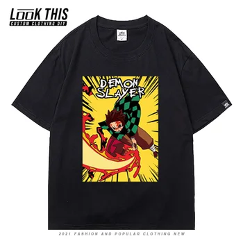 Harajuku Prevelik T-shirt Demon Slayer Tiskanja Moške Poletne Majica Cool Anime Kratkimi Rokavi Moški Ulične Fant Teen Svoboden T-shirt