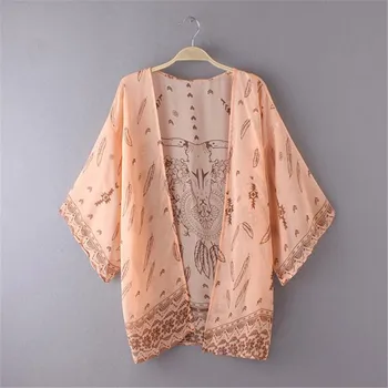 Coat Jarek Za Ženske Kratke Boho Natisnjeni Šifon Svoboden Šal Kimono Jopico Vrhovi Prikriti Bluzo Plus Velikost Dropship L#12