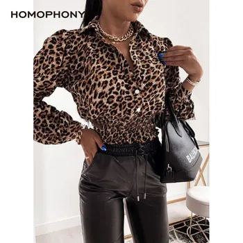 Homophony Leopard Moda Ženska Bluza Majica Sexy Kratkih Vrhovi Letnik Luč Rokav Zavoj navzdol Ovratnik Ženske Obleke Blusas