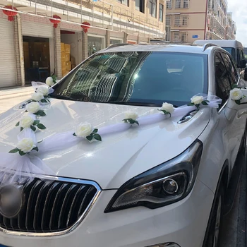 Bele Vrtnice Umetne Rože za Poroko Car Dekoracija Poročne Avto Okraski + Vrat Ročaj Trakovi Svila Cvet