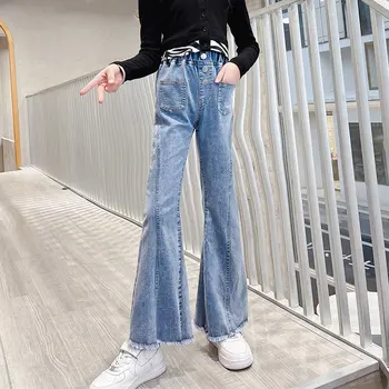 Moda Flare Jeans za Otroke Dekleta Pomlad Jesen Elastični Pas Traper Hlače Nove Skinny Jeans Za Najstniške Otroke Hlač