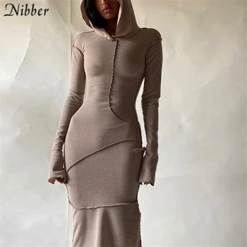 Nibber Pomlad Long Sleeve Hooded Mozaik Maxi Obleke Za Ženske 2021 Ulične Priložnostne Obleke Basice Bodycon Obleka Ženske
