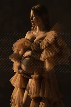Seksi Naguban Til Nosečnosti Fotografija Obleke Sweetehart Kratkimi Rokavi Z Dolgo Vlak Meri Ruffles Stopenjski Porodniškega G