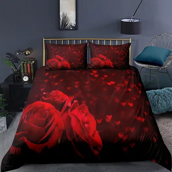 Cvetlični Posteljnina Nabor 3D rdeče Rože Natisnjeni Rjuhe Kritje Luksuzni Odeja Zajema Eno Twin Kraljica Dvojno Kralj Polno Tekstil Doma