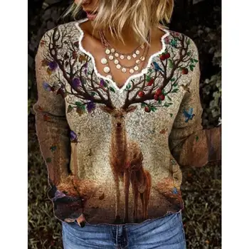 2021 Moda Za Ženske Majica Priložnostne Proti-Vrat Dolg Rokav Ženski Pulover Majica Novo Preprost Slim Krajine Tiskani Lady Majica