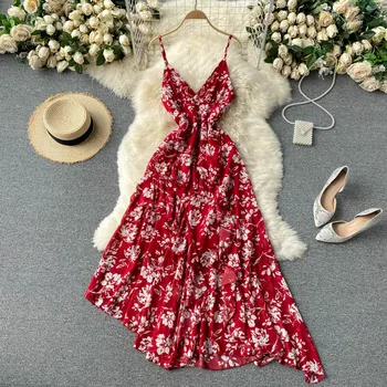 2021 poletje nove ženske trak globoko V-neck ruffles cvet tiskanja šifon A-line obleko ženski Chic elegantno nezakonitih obleke