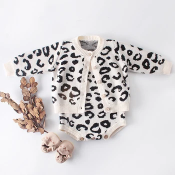 2019 Baby Girl Obleke Jeseni Leopard Pletene Otroška Oblačila Newborn Baby Dekle Romper Bombaž Otroška Jopico Pulover Romper Jumpsuit
